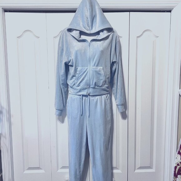 refuge Pants - Refuge Athletics 2 Piece Velour Baby Blue Jogger/Jacket Hooded Outfit-S/XS Zip
